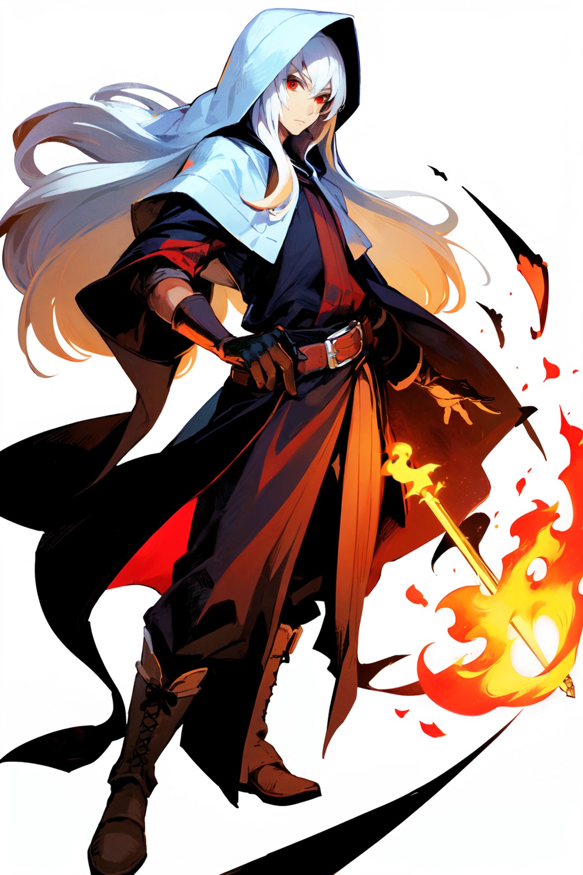 solo, 1boy, male focus, fire, staff, gloves, long hair, boots, wizard, white hair, hood, robe, white background, belt, red...